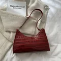 Dark red baguette bag with vintage crocodile pattern and stylish underarm shoulder strap - Red
