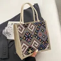 Ethno-Leinentasche mit bunten geometrischen Mustern und geflochtenen Seilgriffen - Reißverschluss-Stil / Schwarz