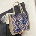 Ethno-Leinentasche mit geometrischem Muster und robustem Seilgriff für Damen - Reißverschluss-Stil / Blau