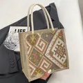 Ethno-Stil Canvas-Tragetasche mit bunten geometrischen Webmustern und Seilgriffen - Reißverschluss-Stil / Khaki