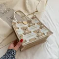Sac fourre-tout en toile imprimé ours avec poignées en corde de coton pour femmes - Blanc