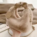 Chic camel faux fur handbag with ruched leather handle and gold hardware details - Khaki