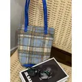 Blue and grey checkered woolen tote bag with royal blue handles and casual design - Light Blue