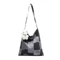 Retro patchwork denim tote bag in grey tones with a cute plush rabbit pendant charm - Black (Without Pendant)