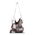 Retro geometric patchwork canvas tote bag with a cute white bunny plush pendant - Light Brown (Without Pendant)