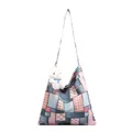 Patchwork canvas tote bag with floral print, checkered patterns and plush bunny charm - Pink (Without Pendant)