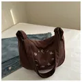 Brown corduroy hobo shoulder bag with white embroidery and adjustable black strap - Coffee