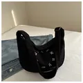 Black corduroy crescent hobo bag with white embroidered Lucky fashion lettering - Black