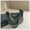 Light green corduroy hobo bag with white letter embroidery and adjustable strap - Dark Green