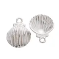Macro view showing both sides of silver scallop shell pendants for DIY jewelry making - White K/Silver