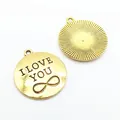 Golden round I LOVE YOU infinity metal charms with radial sun pattern for DIY jewelry - Antique Gold