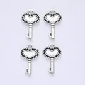 Set of 4 vintage silver heart key pendants with embossed texture for DIY jewelry making - Antique Silver