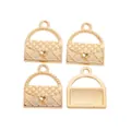 Macro detail of gold handbag charms with quilted texture and textured metal backing - KC Gold