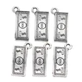 Set of 6 vintage silver alloy rectangle dollar bill pendants for DIY jewelry crafting - Antique Silver