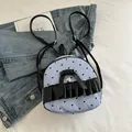 Mini striped backpack with black bow and heart print details in casual style - Blue