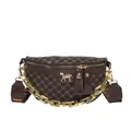 Retro brown monogram belt bag with gold chain and embroidered wide shoulder strap - Brown