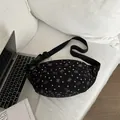 Black corduroy chest bag with white heart and butterfly print for women - Black