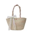 Bolso tote de paja tejido a mano con bordado floral y lazo de encaje blanco - Con Pañuelo de Seda / Grande / Blanco Roto