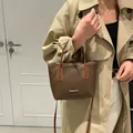 Deep brown lychee texture bucket bag with metal fashion accent and slim shoulder strap - Brown