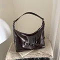 Classic deep brown polished faux leather shoulder bag with decorative metal chain detail - Dark Brown