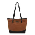 Brown quilted tote bag with black faux leather handles and gold rivet accents - Brown