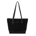 Large black patchwork tote bag with contrast stitching and golden metal hardware - Black