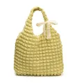 Light yellow textured bubble tote bag with a white lace bow detail for women - Yellow