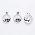 Three vintage silver ocean wave circle pendants for DIY jewelry making crafts - Antique Silver