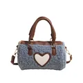 Blue sherpa boston bag with white heart patch and brown leather handles for women - Blue