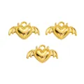 Three gold heart wings charms for DIY jewelry making pendants with hanging loops - Gold