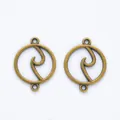 Detail of round bronze alloy pendant with wave pattern and two connection holes - Double Loop / Antique Bronze Double Connector