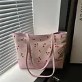 Sac cabas rose en velours côtelé avec imprimé cerise et fond en cuir pour le quotidien - Rose