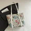 Large capacity floral jacquard tote bag with vintage flower patterns and PU leather straps - White