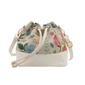 Ethno-Beuteltasche aus floralem Jacquard-Stoff, weißem Lederbesatz und Kordelzug - Weiß