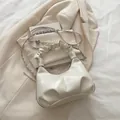 Fashionable cream white ruched crossbody bag with chic pearl details and chain strap - No Pendant / White