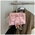 Pearlescent pink ballet-style crossbody bag with large bow and pearl lace charm - With Lace Pearl Charm / Pearlescent Pink