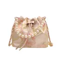 Pink satin bucket bag with floral embroidery, pearl handle and chain strap - Pink Large Flower