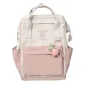 Compact cream and pink patchwork backpack with sweet embroidery and strawberry charm - Pink