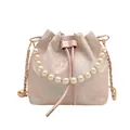 Pink silk bucket bag with Chinese embroidery, pearl handle, and golden chain strap - Pink Pavilion
