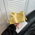 Fashionable bright yellow pleated bucket bag with lace bow and pearl pendant - With Pendant / Yellow