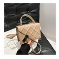 Elegant beige quilted PU leather crossbody square bag with metal lock and top handle - Khaki
