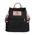 Black Oxford cloth backpack for women with pink handles and colorful striped straps - Black