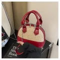 Red leather and woven shell bag with metal chain strap and dual top handles - Red