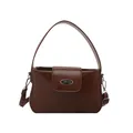 Bolso tipo cubo vintage en cuero PU marrón oscuro con placa de logo plateada - Marrón