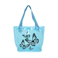 Minimalist blue PVC tote bag featuring black butterfly prints and nylon webbing handles - Blue