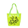 Neon green translucent PVC tote bag with black butterfly prints and fabric handles - Green