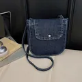 Dark blue denim crossbody bag with contrast stitching and silver snap closure - Denim Flap Crossbody Bag / Dark Blue