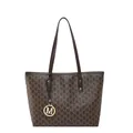 Large capacity brown women's tote bag with stylish M monogram print and gold logo charm - Coffee