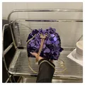 Sparkly purple sequin bucket bag with elegant gold chain strap for evening wear - Purple
