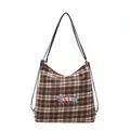Sac fourre-tout à carreaux marron avec illustration de teckel et fines anses - Rose